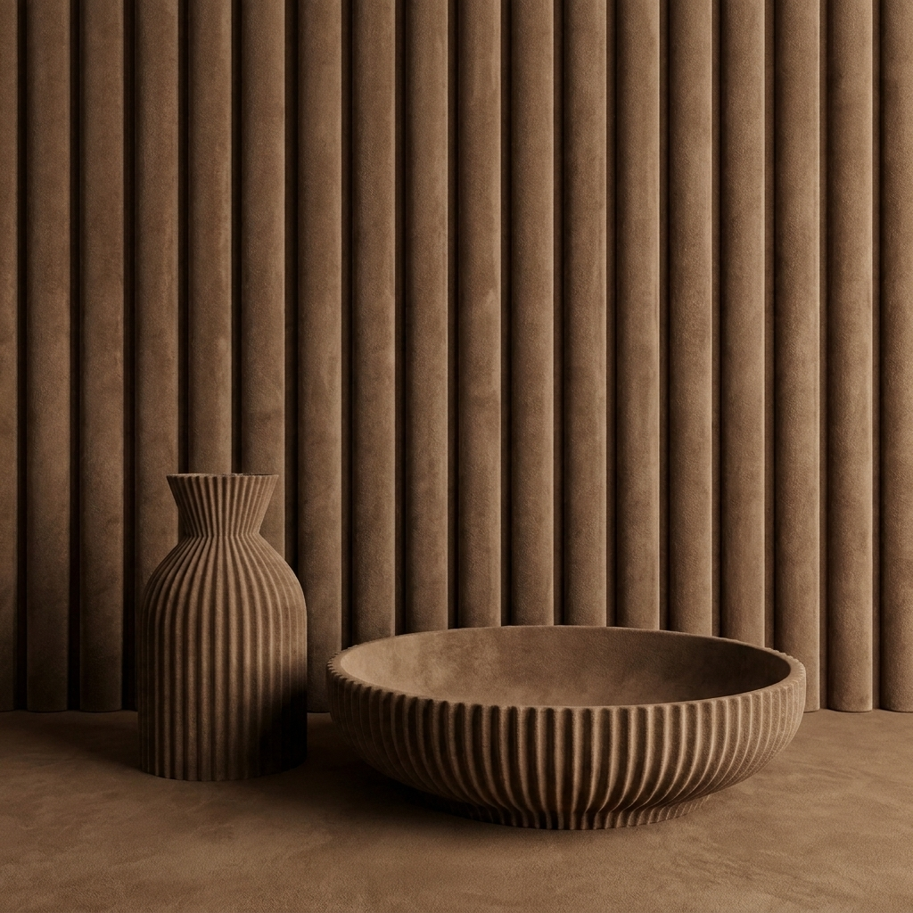 Akoestisch wandpaneel 260cm · Suede ronde latten · Coffee