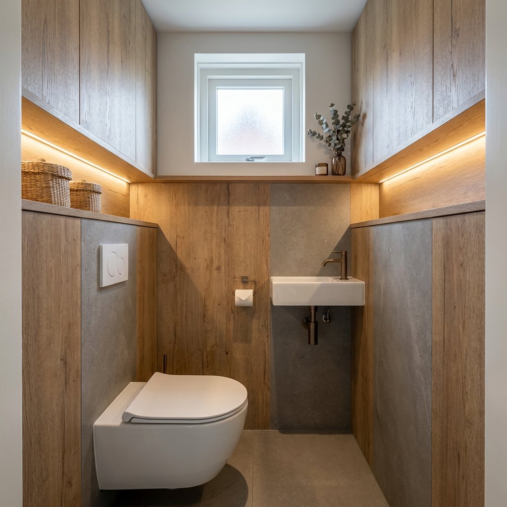 Compact modern toilet met warme wandpanelen in houtlook, wit sanitair en zachte daglichtinval, strak afgewerkt als praktisch alternatief voor tegels.