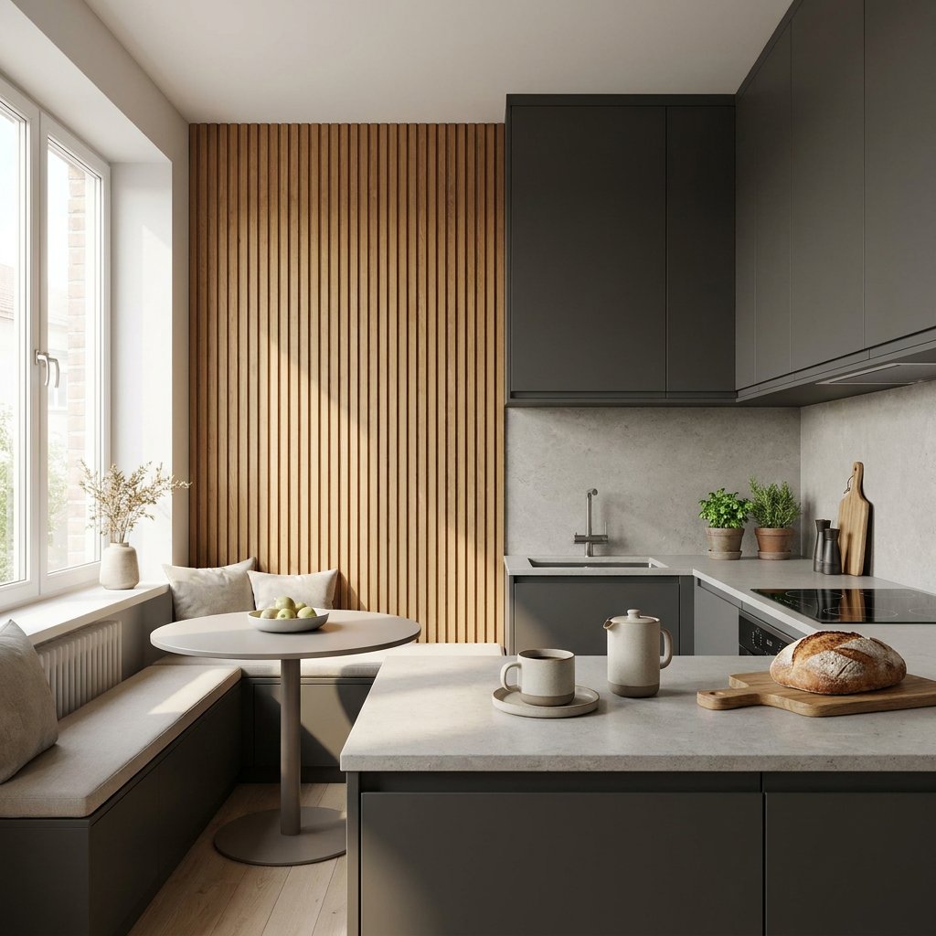 Moderne Nederlandse keuken met houten lattenwand als accent naast het werkblad, zachte daglichtinval en een rustige, stijlvolle sfeer.