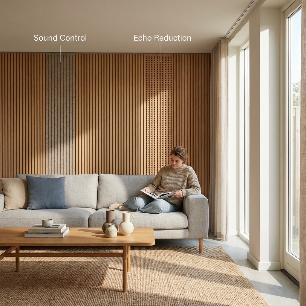 Moderne Nederlandse woonkamer met houten akoestische wandpanelen, bank en salontafel, gefotografeerd in zacht daglicht met rustige, stijlvolle sfeer.