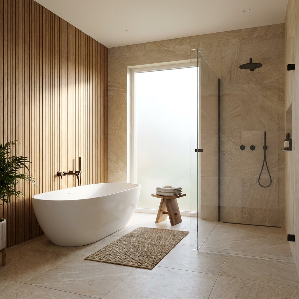 Moderne badkamer met verticale houten lattenwand buiten de natte zone, vrijstaand bad, beige tegels en zacht daglicht voor een warme luxe sfeer.
