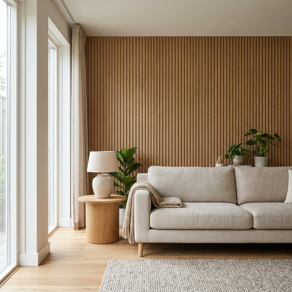 Moderne woonkamer met warme houten lattenwand achter een lichte bank, zachte daglichtinval en rustige, stijlvolle sfeer met akoestische uitstraling.