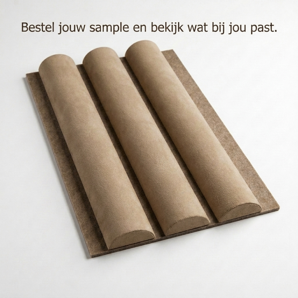 Akoestisch wandpaneel 260cm · Suede ronde latten · Camel