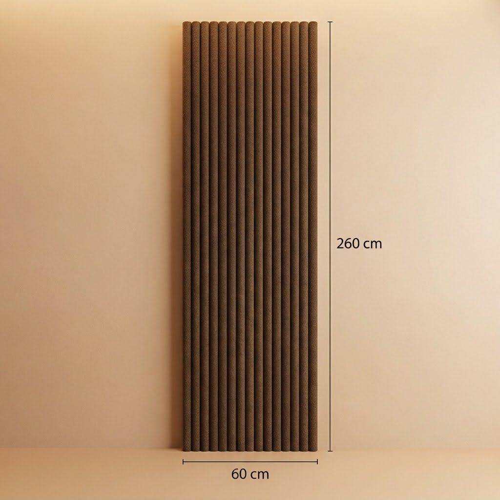 Akoestisch wandpaneel 260cm · Suede ronde latten · Coffee