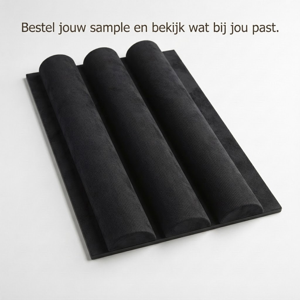 Akoestisch wandpaneel 260cm · Suede ronde latten · Zwart
