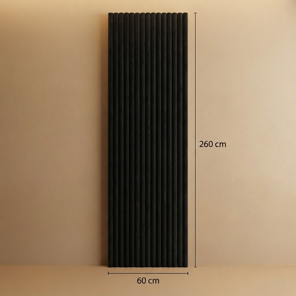 Akoestisch wandpaneel 260cm · Suede ronde latten · Zwart